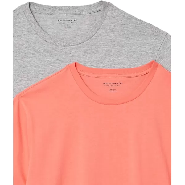 Amazon Essentials Mens SlimFit ShortSleeve Crewneck TShirt Pack of 2Grey HeatherCoral Orange No Pocket