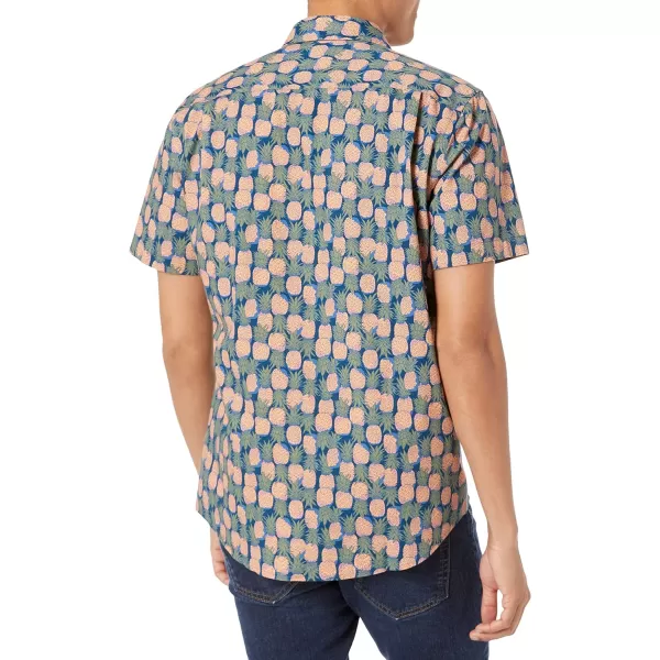 Amazon Essentials Mens SlimFit ShortSleeve Print ShirtDark Blue Pale Peach Pineapple