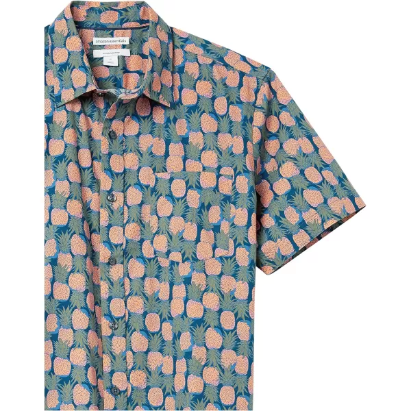 Amazon Essentials Mens SlimFit ShortSleeve Print ShirtDark Blue Pale Peach Pineapple