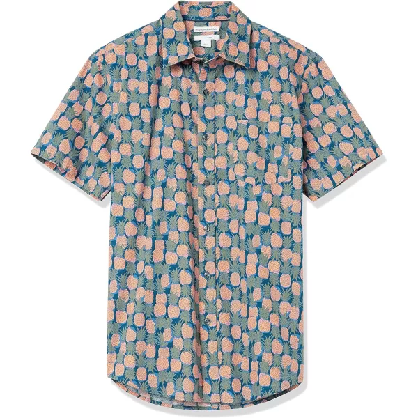 Amazon Essentials Mens SlimFit ShortSleeve Print ShirtDark Blue Pale Peach Pineapple