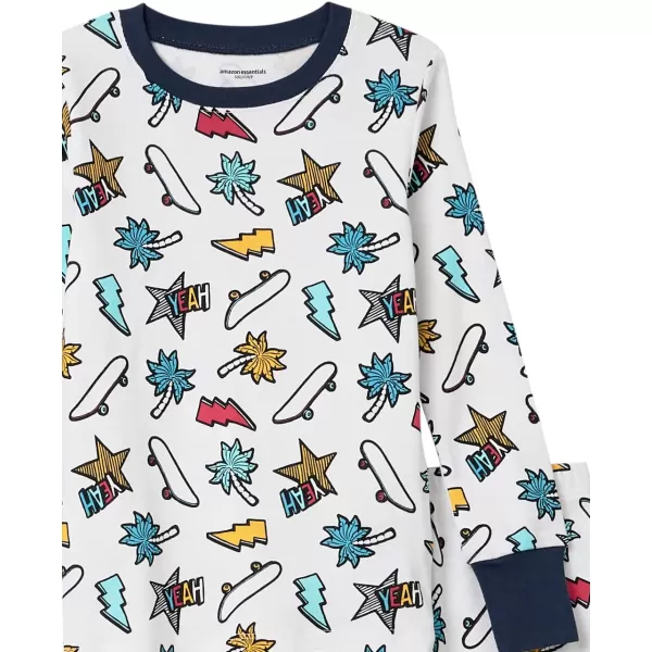 Amazon Essentials Unisex Babies Toddlers and Kids SnugFit Cotton Pajama Sleepwear Sets1 Aqua Blue StripeWhite Skate