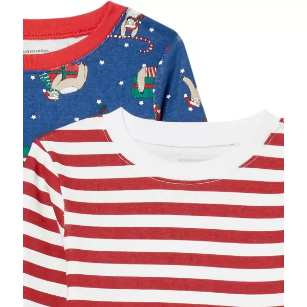 Amazon Essentials Unisex Babies Toddlers and Kids SnugFit Cotton Pajama Sleepwear Sets2 Navy Christmas PrintWhite Stripe