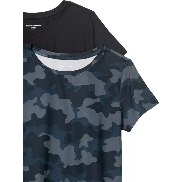 Amazon Essentials Womens Tech Stretch ShortSleeve Crewneck TShirt Available in Plus Size Multipacks2 BlackNavy Camo