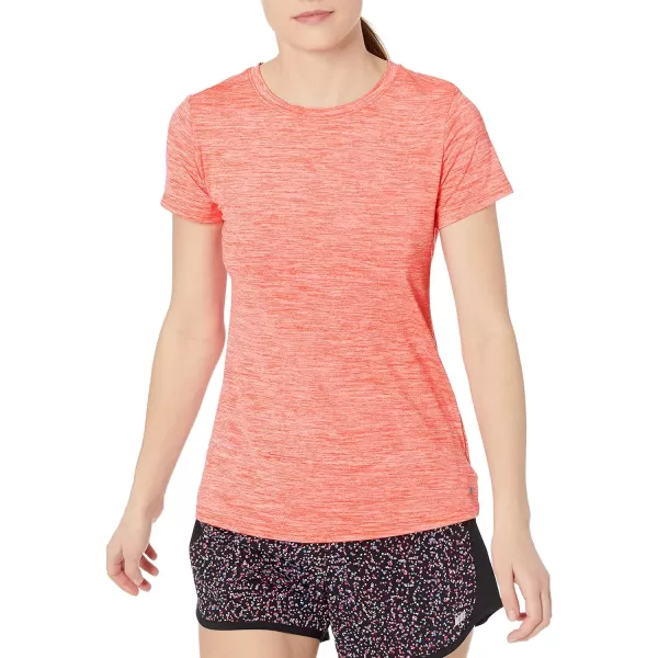 Amazon Essentials Womens Tech Stretch ShortSleeve Crewneck TShirt Available in Plus Size Multipacks2 Coral Orange Space DyeLight Blue Space Dye