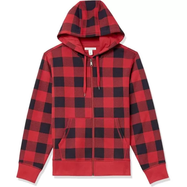 Amazon Essentials Mens FullZip Hooded Fleece Sweatshirt Available in Big amp TallBlack Red Buffalo Plaid