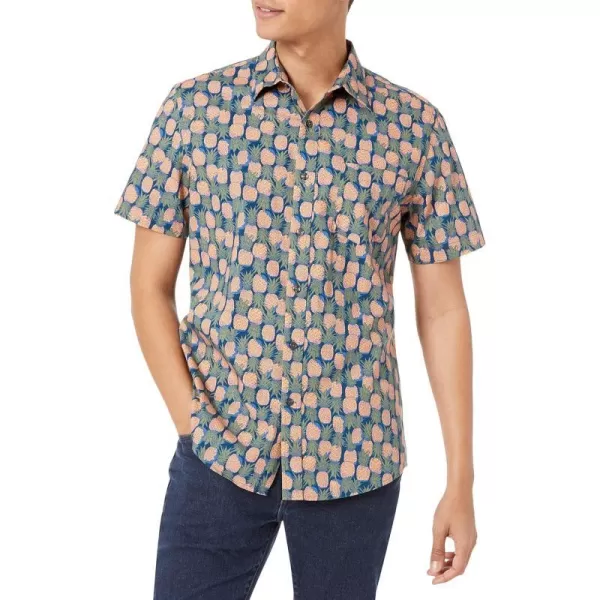 Amazon Essentials Mens SlimFit ShortSleeve Print ShirtDark Blue Pale Peach Pineapple