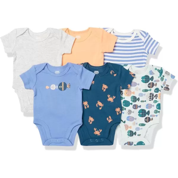 Amazon Essentials Unisex Babies ShortSleeve Bodysuits Multipacks6 MulticolorCrabFishStripe