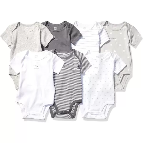 Amazon Essentials Unisex Babies ShortSleeve Bodysuits Multipacks7 Light Grey HeatherStarsStripe