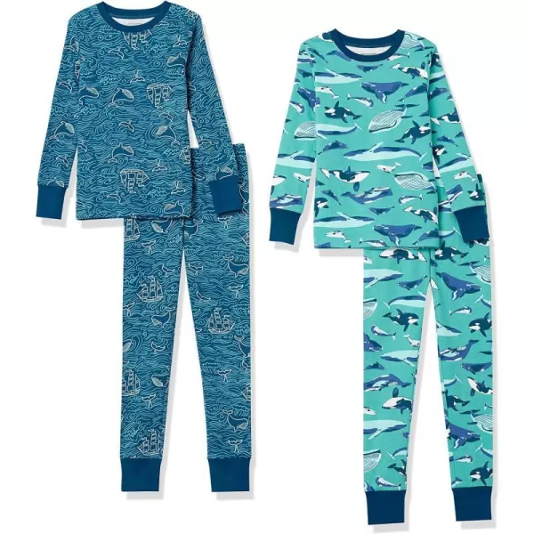 Amazon Essentials Unisex Babies Toddlers and Kids SnugFit Cotton Pajama Sleepwear Sets1 Aqua Green WhaleBlue Sea Life