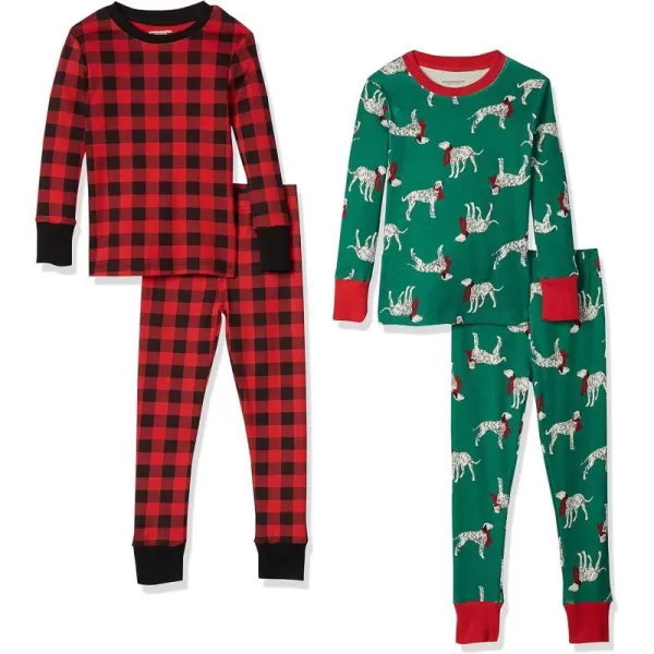 Amazon Essentials Unisex Babies Toddlers and Kids SnugFit Cotton Pajama Sleepwear Sets1 Green DogRed Buffalo Plaid