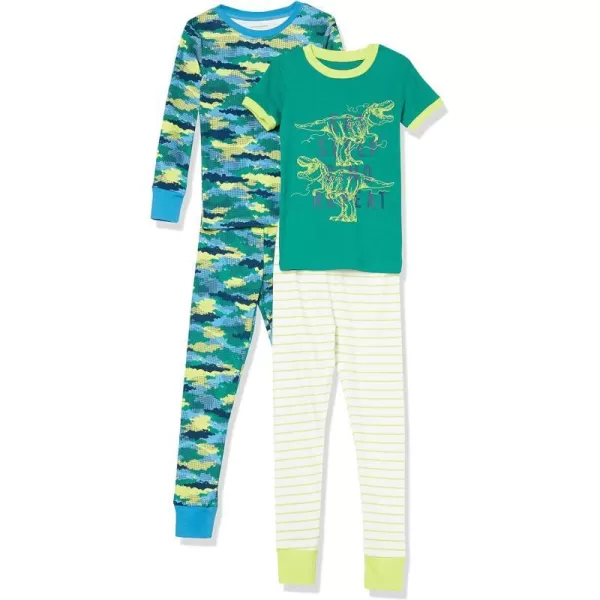 Amazon Essentials Unisex Babies Toddlers and Kids SnugFit Cotton Pajama Sleepwear Sets2 Beige StripeBlue CamoGreen Dinosaur