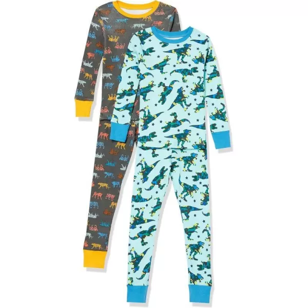 Amazon Essentials Unisex Babies Toddlers and Kids SnugFit Cotton Pajama Sleepwear Sets2 Blue DinosaurDark Grey Tiger