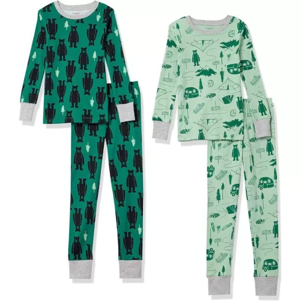 Amazon Essentials Unisex Babies Toddlers and Kids SnugFit Cotton Pajama Sleepwear Sets2 Bottle Green Polar BearMint Green Happy Camper