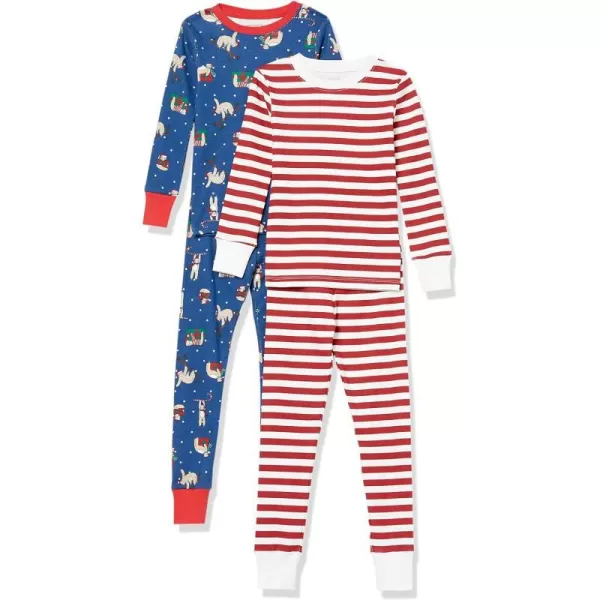 Amazon Essentials Unisex Babies Toddlers and Kids SnugFit Cotton Pajama Sleepwear Sets2 Navy Christmas PrintWhite Stripe