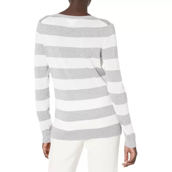 Amazon Essentials Womens ClassicFit Lightweight LongSleeve VNeck Sweater Available in Plus SizeLight Grey Heather White Rugby Stripe