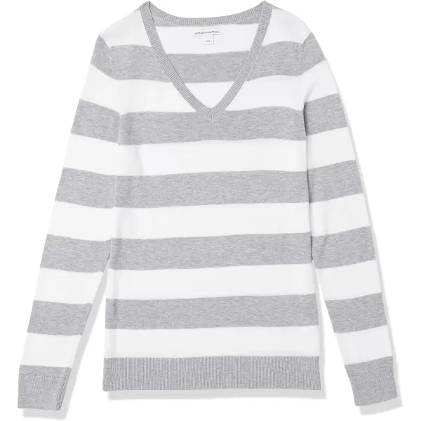 Amazon Essentials Womens ClassicFit Lightweight LongSleeve VNeck Sweater Available in Plus SizeLight Grey Heather White Rugby Stripe