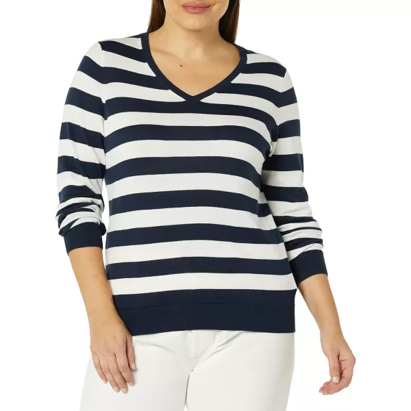 Amazon Essentials Womens ClassicFit Lightweight LongSleeve VNeck Sweater Available in Plus SizeNavy White Rugby Stripe