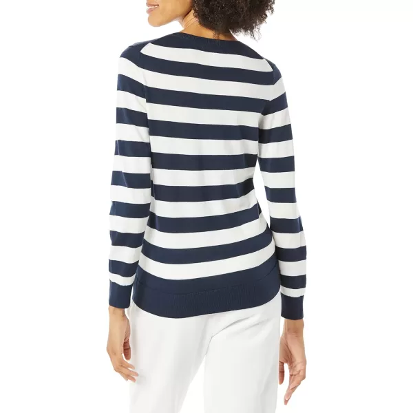 Amazon Essentials Womens ClassicFit Lightweight LongSleeve VNeck Sweater Available in Plus SizeNavy White Rugby Stripe