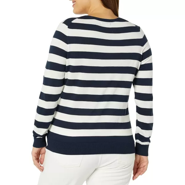 Amazon Essentials Womens ClassicFit Lightweight LongSleeve VNeck Sweater Available in Plus SizeNavy White Rugby Stripe