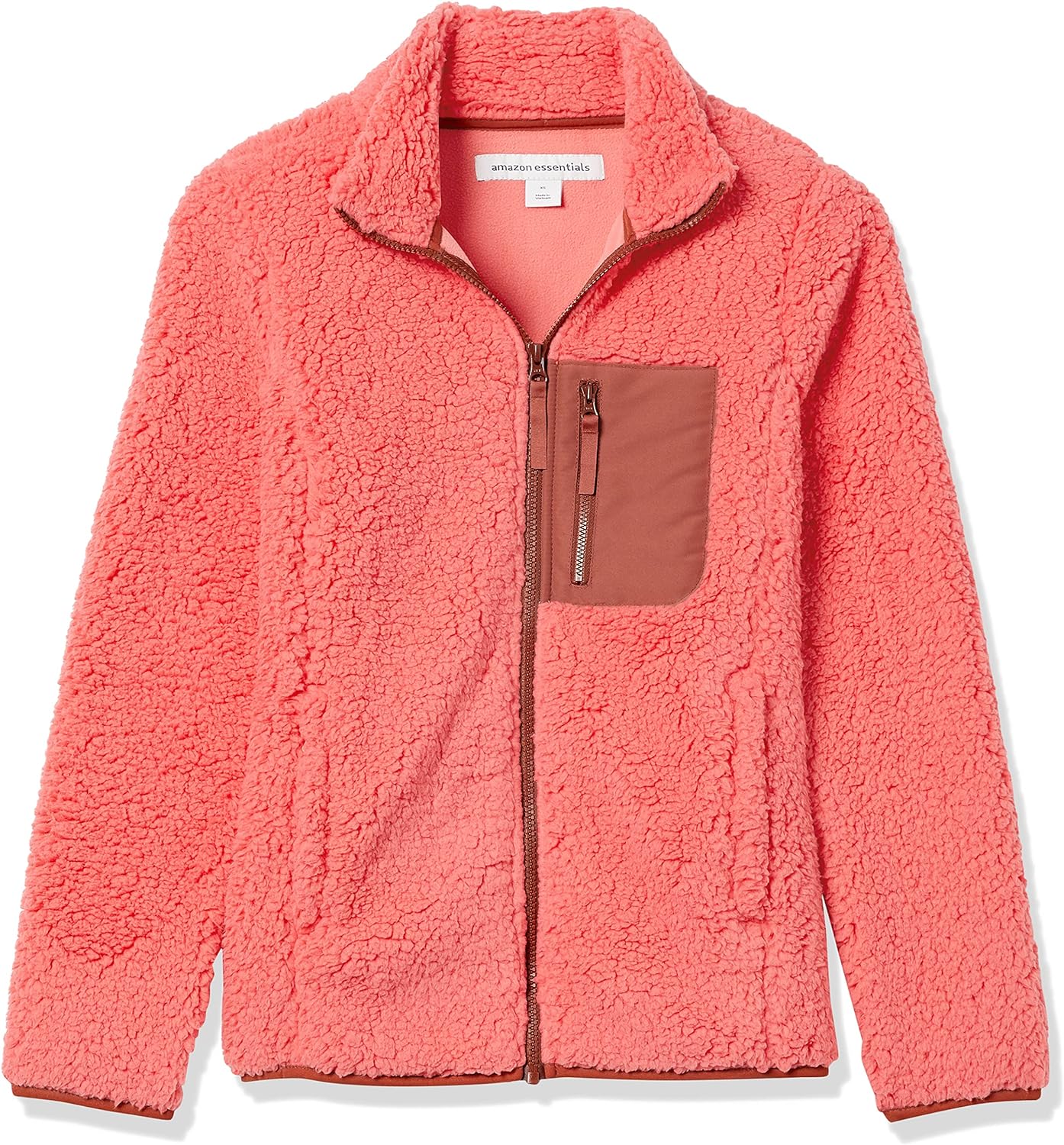 Amazon Essentials Womens Sherpa LongSleeve Mock Neck FullZip Jacket with Woven Trim Available in Plus SizeBrown Coral Pink Color Block