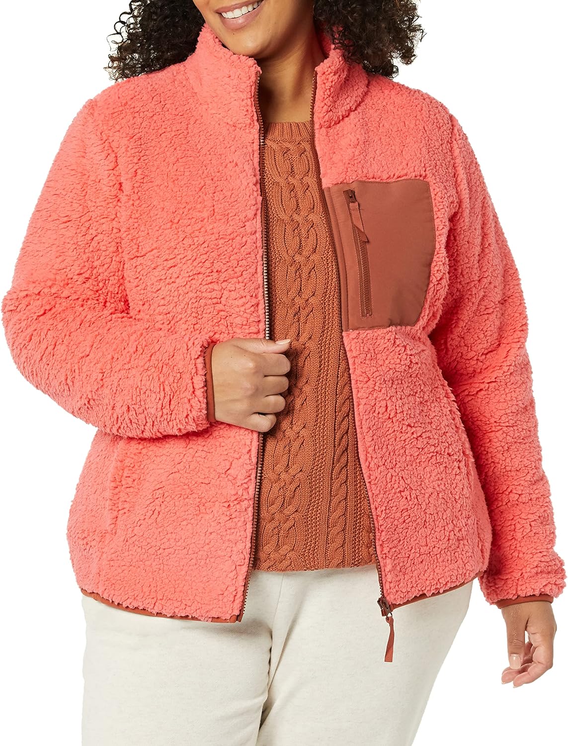 Amazon Essentials Womens Sherpa LongSleeve Mock Neck FullZip Jacket with Woven Trim Available in Plus SizeBrown Coral Pink Color Block