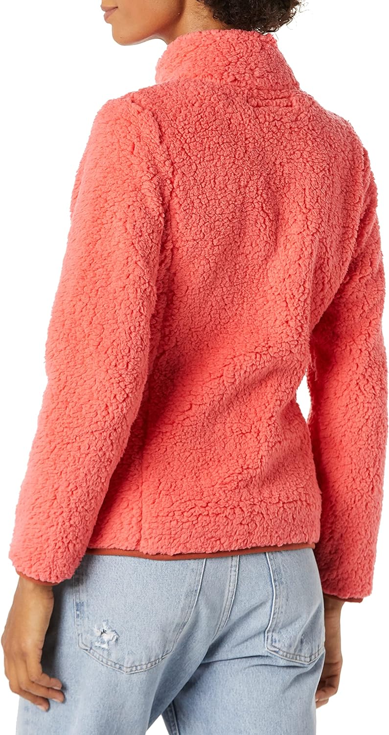Amazon Essentials Womens Sherpa LongSleeve Mock Neck FullZip Jacket with Woven Trim Available in Plus SizeBrown Coral Pink Color Block