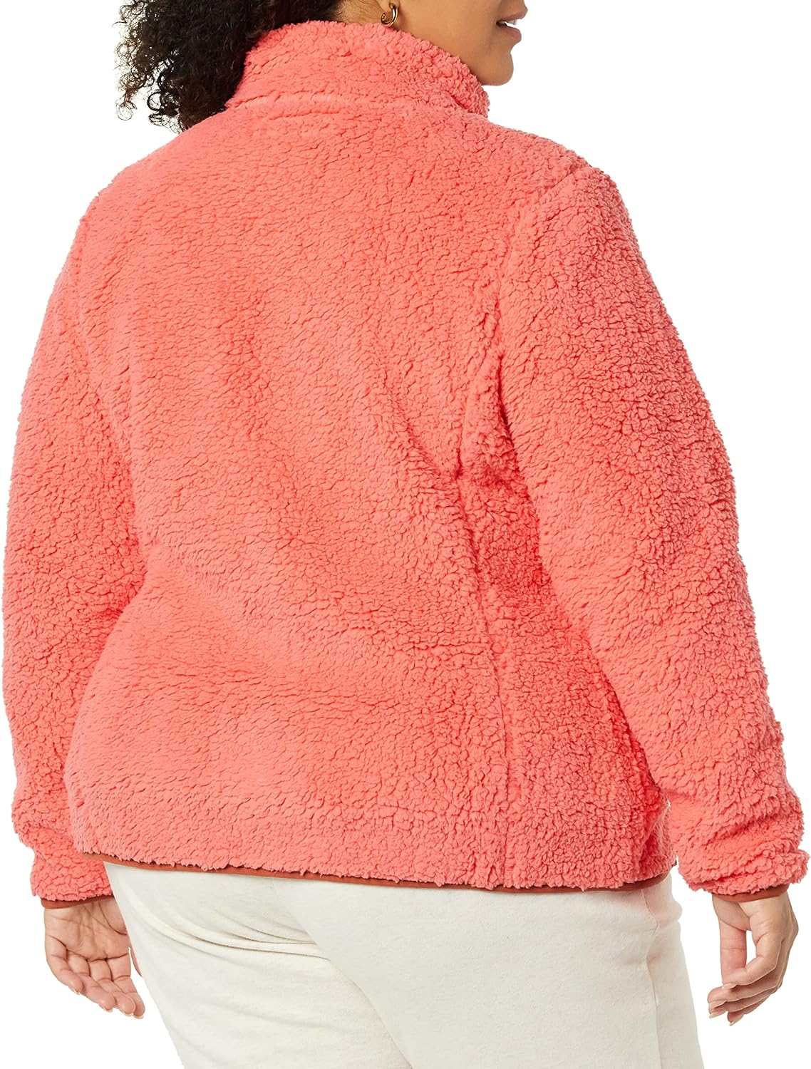 Amazon Essentials Womens Sherpa LongSleeve Mock Neck FullZip Jacket with Woven Trim Available in Plus SizeBrown Coral Pink Color Block