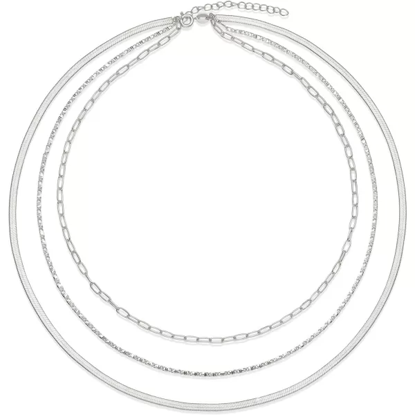 Amazon Essentials 14K Paperclip Station and Herringbone Chain 3 Row Layered Necklace 16 18 20Silver