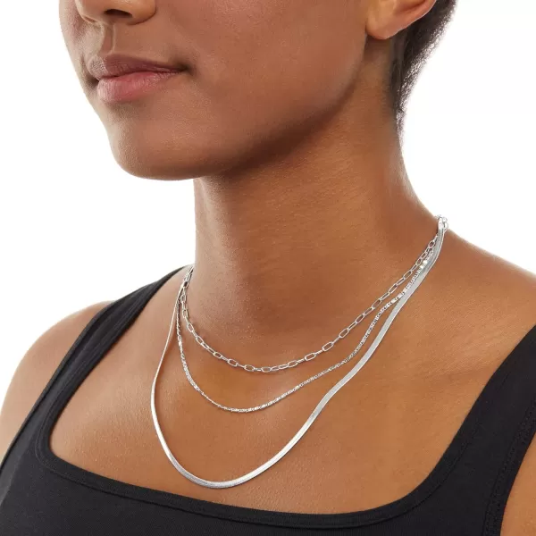 Amazon Essentials 14K Paperclip Station and Herringbone Chain 3 Row Layered Necklace 16 18 20Silver