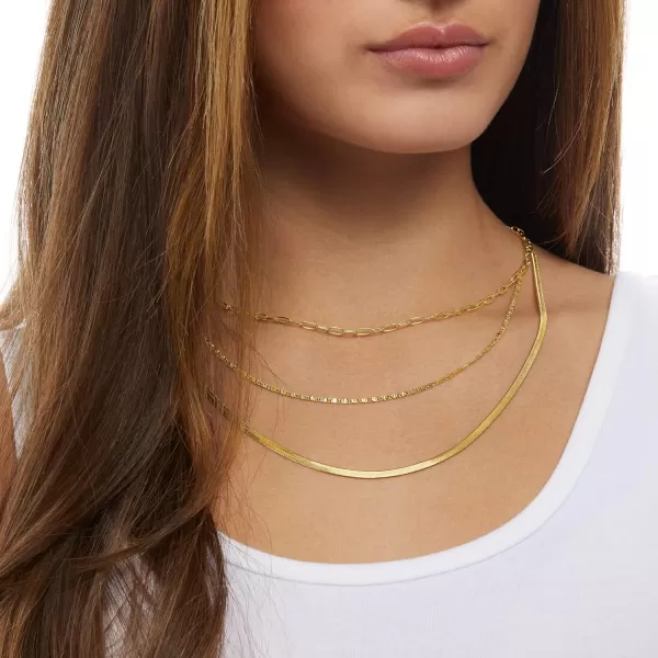 Amazon Essentials 14K Paperclip Station and Herringbone Chain 3 Row Layered Necklace 16 18 20Yellow Gold