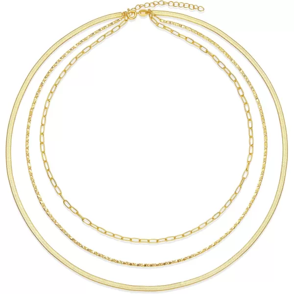 Amazon Essentials 14K Paperclip Station and Herringbone Chain 3 Row Layered Necklace 16 18 20Yellow Gold