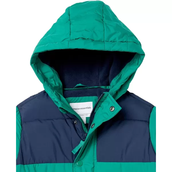 Amazon Essentials Babies Toddlers and Boys Heavyweight Hooded Puffer JacketGreen Navy Color Block