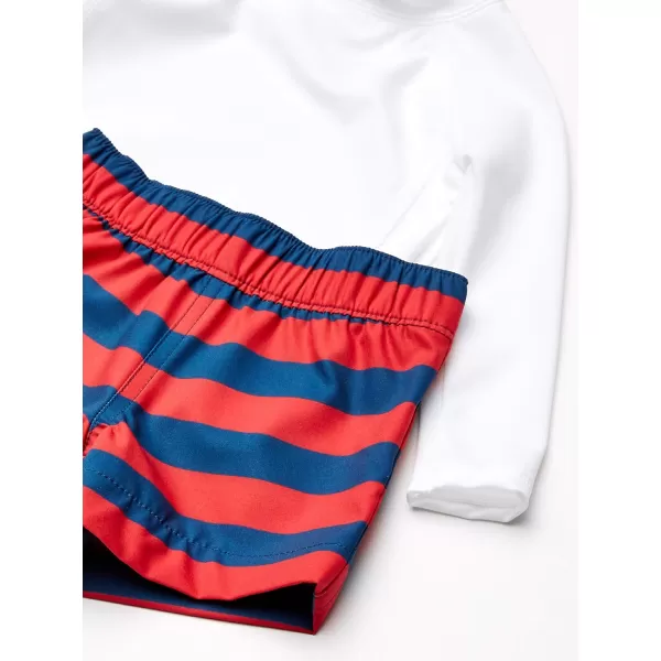 Amazon Essentials Baby Boys LongSleeve Rashguard and Trunk Swimsuit SetsRed Rugby StripeWhite