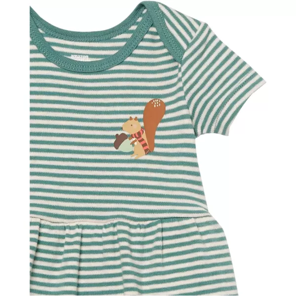 Amazon Essentials Baby Girls ShortSleeve Dress Pack of 3Beige FruitDark GreenStripe