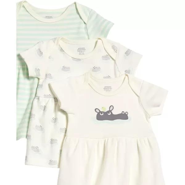 Amazon Essentials Baby Girls ShortSleeve Dress Pack of 3CreamHippoStripe