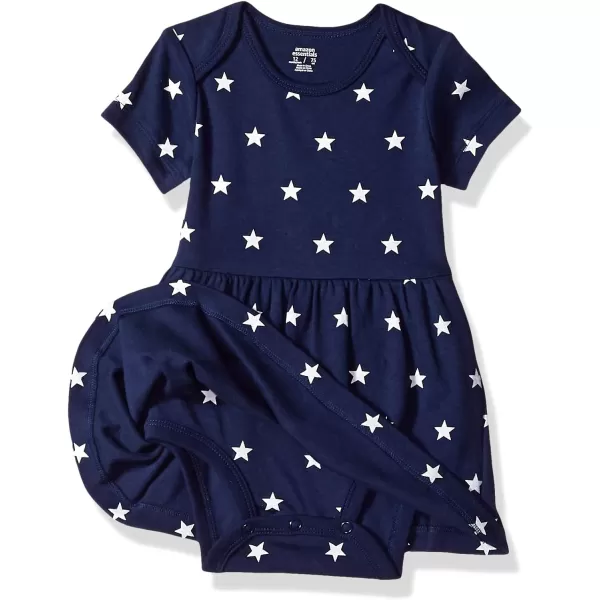 Amazon Essentials Baby Girls ShortSleeve Dress Pack of 3Navy StarsRed StripeWhite Stars