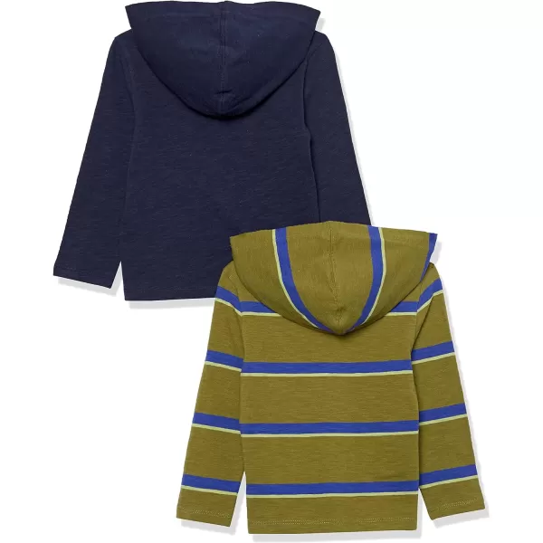 Amazon Essentials Boys and Toddlers Lightweight LongSleeve Hooded TShirt Pack of 2Dark NavyGreen Stripe