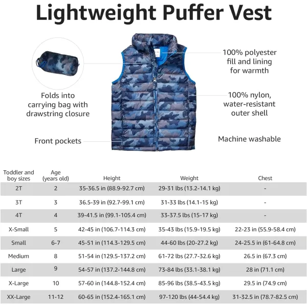 Amazon Essentials Boys and Toddlers Lightweight WaterResistant Packable Puffer VestBlue Camo