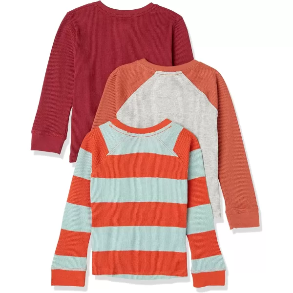 Amazon Essentials Boys and Toddlers LongSleeve Knit Thermal TShirt Pack of 3BurgundyGreyOrange Rugby Stripe