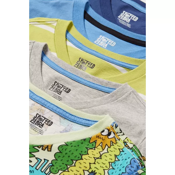 Amazon Essentials Boys and Toddlers ShortSleeve VNeck TShirt Tops Previously Spotted Zebra Multipacks5 BlueGrey Color BlockIvory MonsterNavyNeon Yellow Stripe