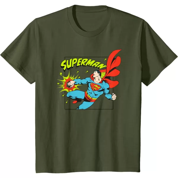 Amazon Essentials DC Comics Superman Action Punch Comic Square TShirtOlive Green