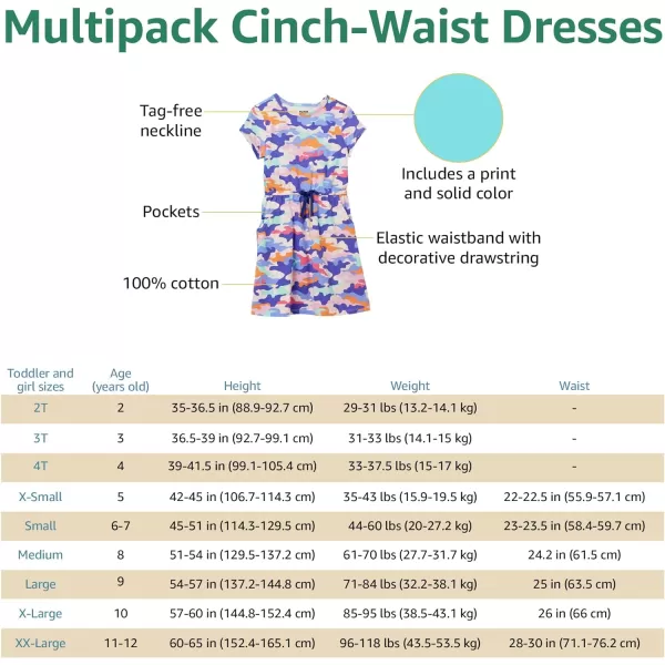 Amazon Essentials Girls and Toddlers Knit ShortSleeve CinchWaist Dresses Previously Spotted Zebra Pack of 2Dark Blue FruitLime Green