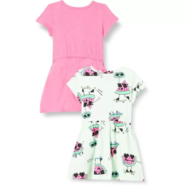 Amazon Essentials Girls and Toddlers Knit ShortSleeve CinchWaist Dresses Previously Spotted Zebra Pack of 2Pink Watermelon