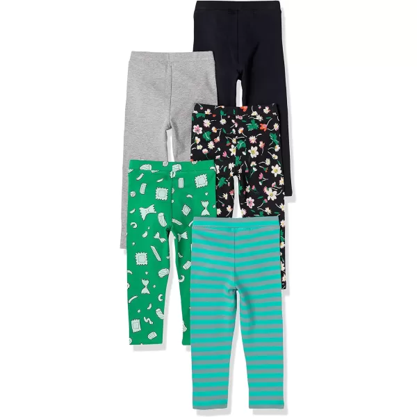 Amazon Essentials Girls and Toddlers Leggings Multipacks5 BlackGreenGreyFloralStripe