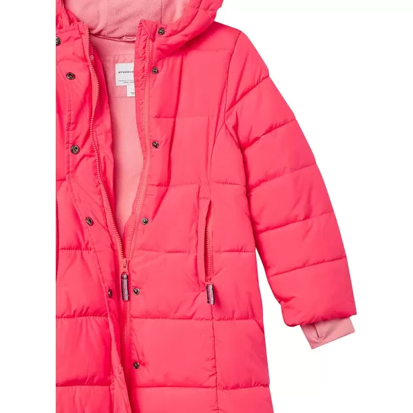 Amazon Essentials Girls and Toddlers Long Heavyweight Hooded Puffer JacketNeon Pink