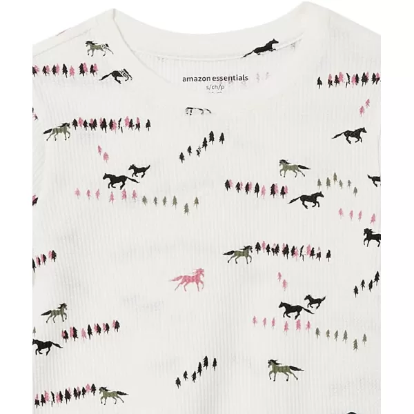 Amazon Essentials Girls and Toddlers LongSleeve Knit Thermal TShirt Pack of 3Bottle GreenNavy FloralWhite Horses