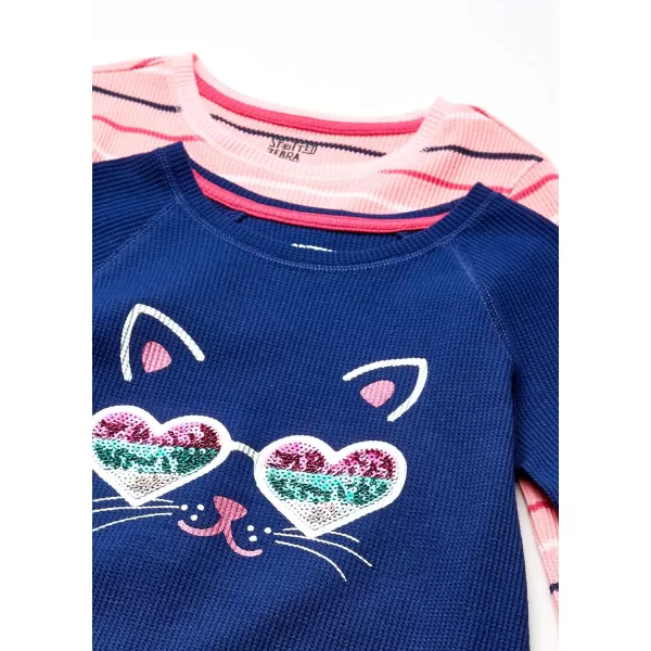 Amazon Essentials Girls and Toddlers LongSleeve Thermal TShirt Tops Previously Spotted Zebra Multipacks2 Blue CatPink Stripe