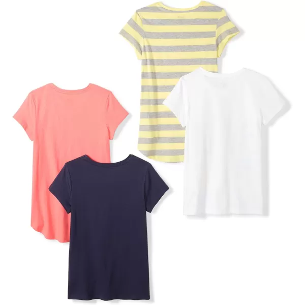 Amazon Essentials Girls and Toddlers ShortSleeve TShirt Tops Previously Spotted Zebra Multipacks4 Navy ScienceOrangeWhite FutureYellow Stripe