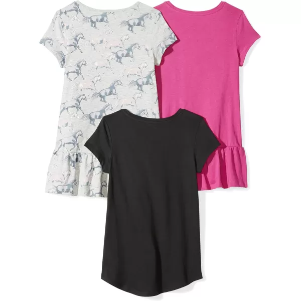 Amazon Essentials Girls and Toddlers ShortSleeve and Sleeveless Tunic Tops Previously Spotted Zebra Multipacks3 BlackGrey HorsesPink