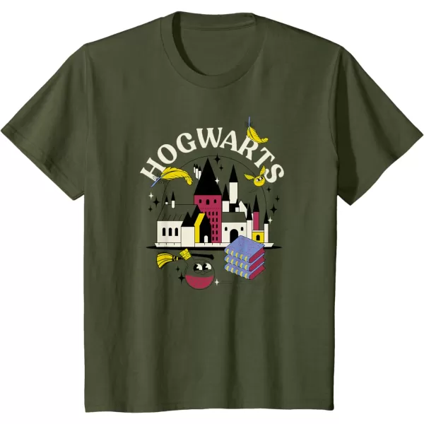 Amazon Essentials Harry Potter Hogwarts Castle Smiling Icons TShirtOlive Green